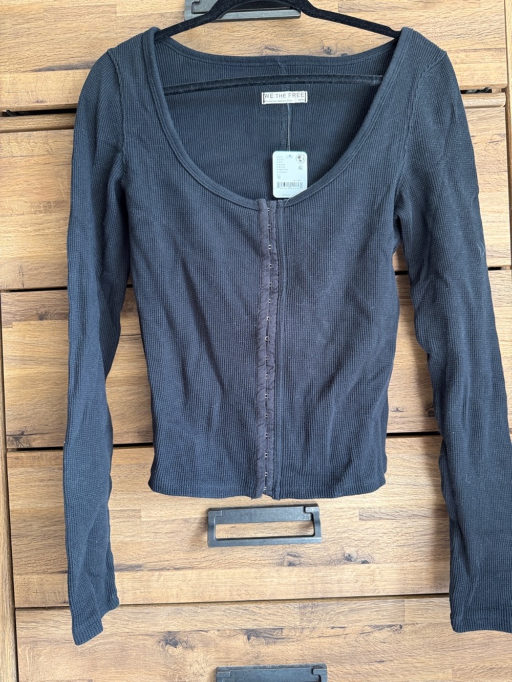 Free People Black Ribbed Hook-and-Eye Scoop Neck Long Sleeve Top